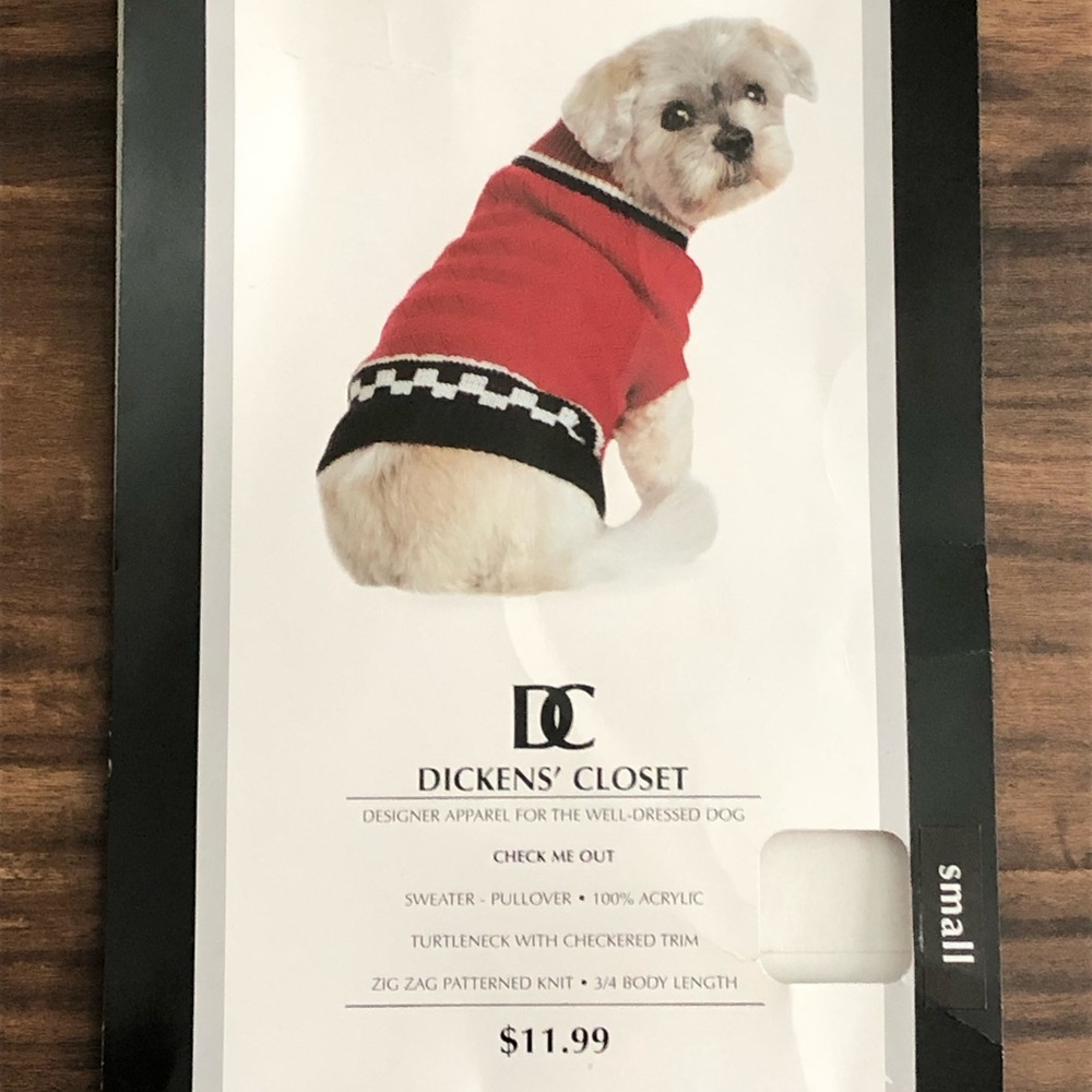 Dickens' Closet Red Dog Sweater with black/white checkered accent